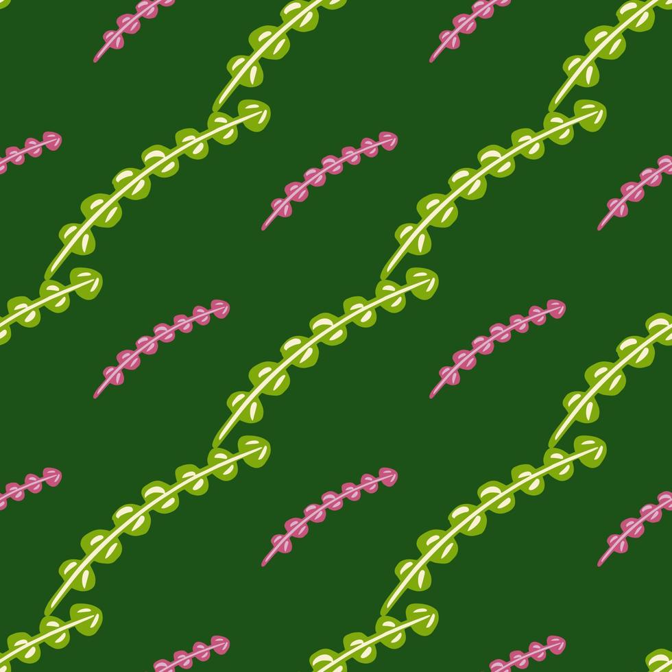 Seamless pattern with underwater seaweed doodle print. Aqua foliage ornament on dark green background. vector