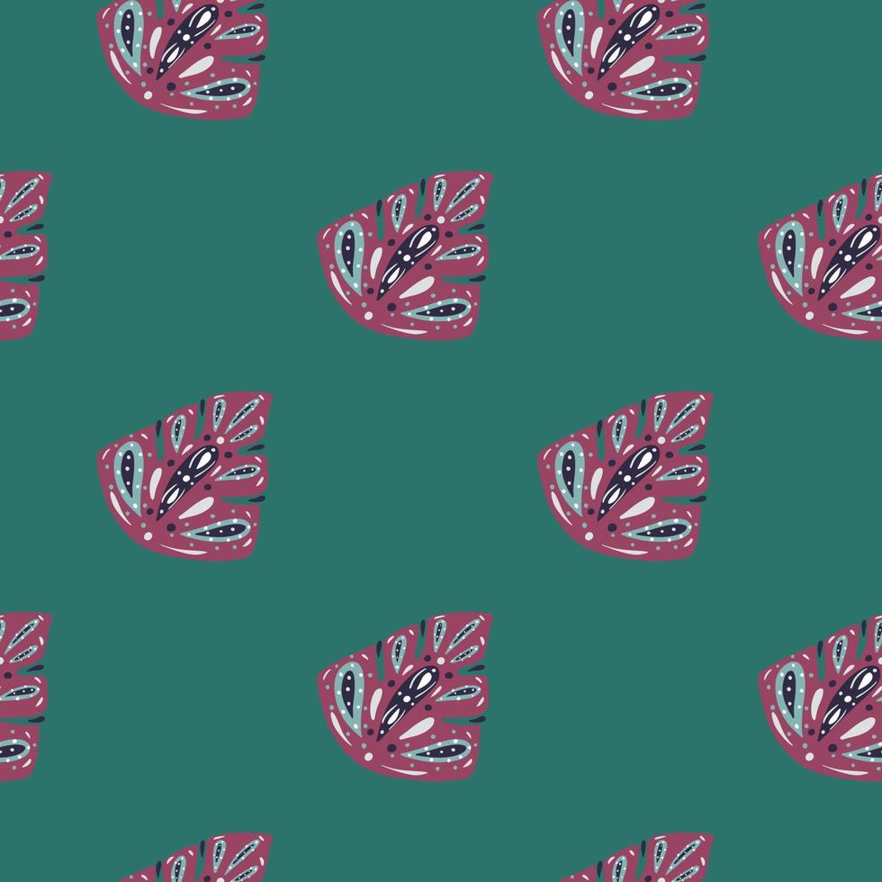 Dark pink abstract monstera foliage seamless pattern in doodle style. Turquoise background. Simple artwork. vector