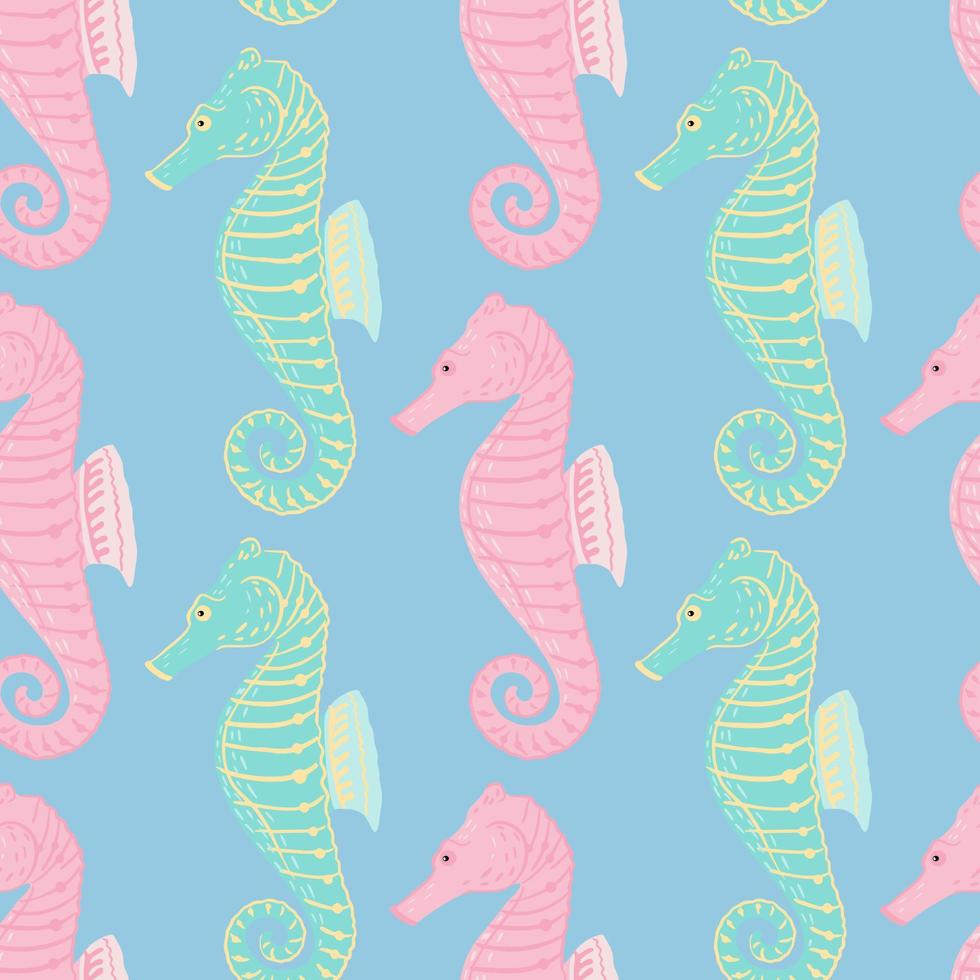 Hand drawn underwater animal seamless pattern with turquoise and pink colored seahorse print. Blue background. vector