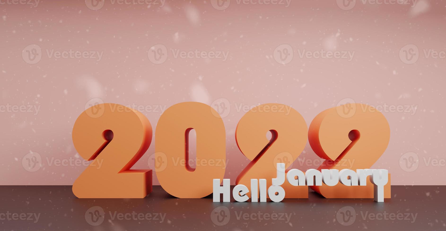 Hello January 2022. Happy New Year wallpaper 2022.3D work, 3D rendering and 3D illustration. High quality background. Copy space photo