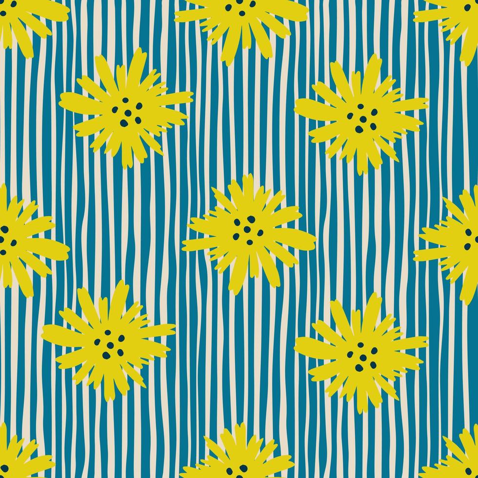 Yellow chamomile flowers seamless pattern. Daisy pattern in doodle style on stripes background. vector