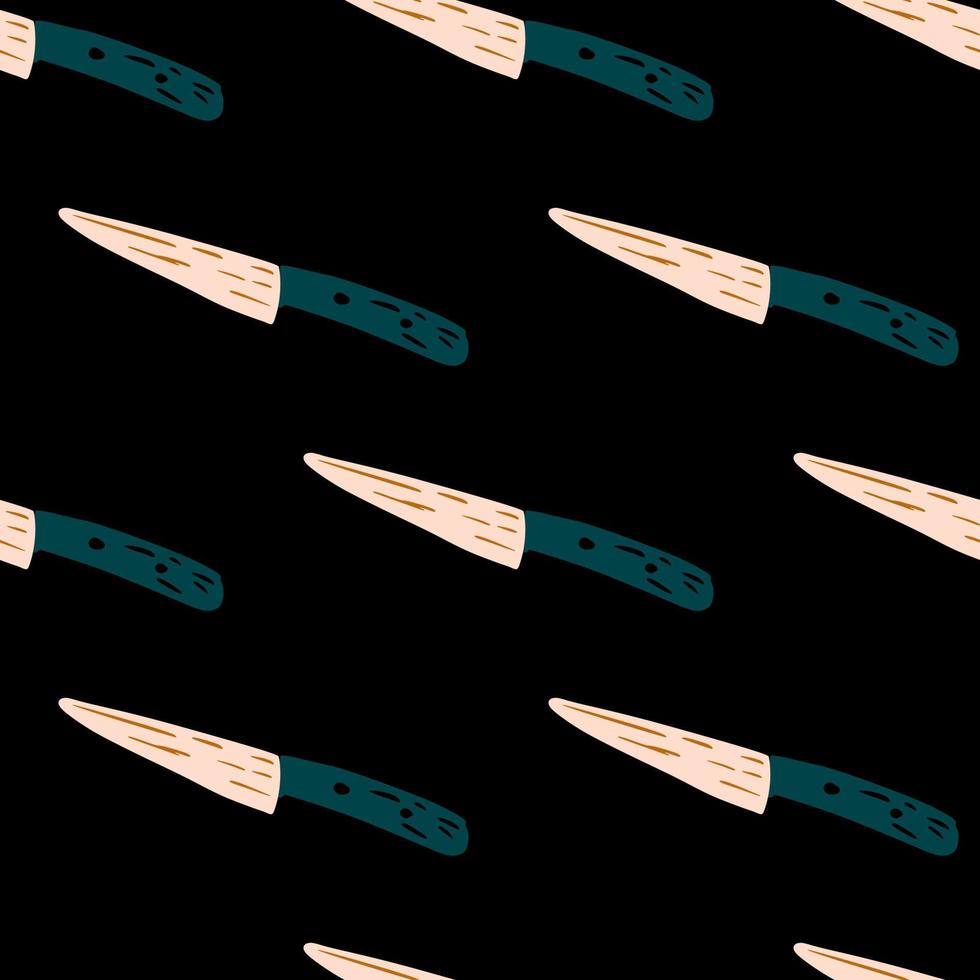 Pink and navy blue colored knife elements seamless doodle pattern. Hand drawn cooking ornament on black background. vector