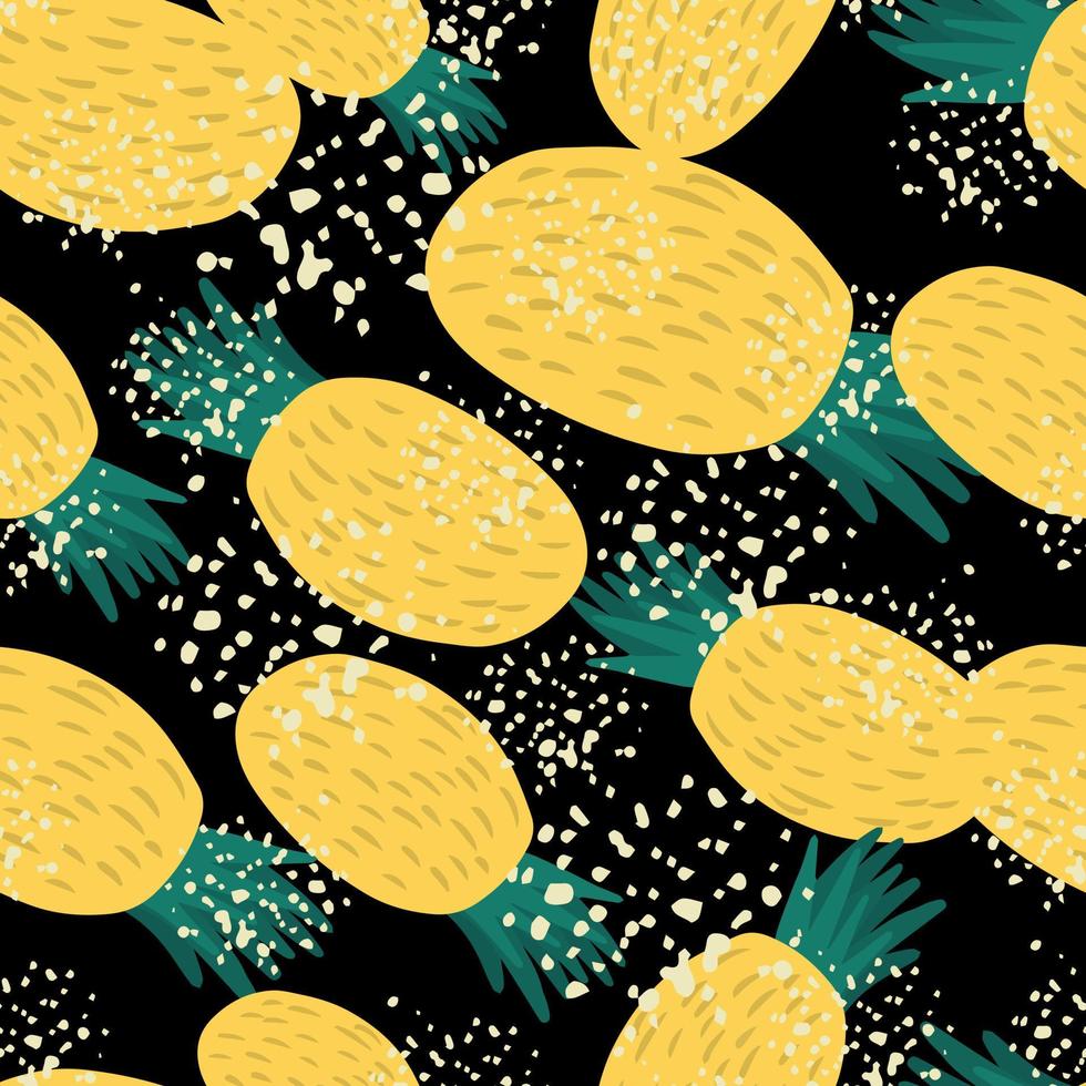 patrón sin costuras de piña amarilla sobre fondo negro. textura de frutas tropicales de verano dibujada a mano. vector