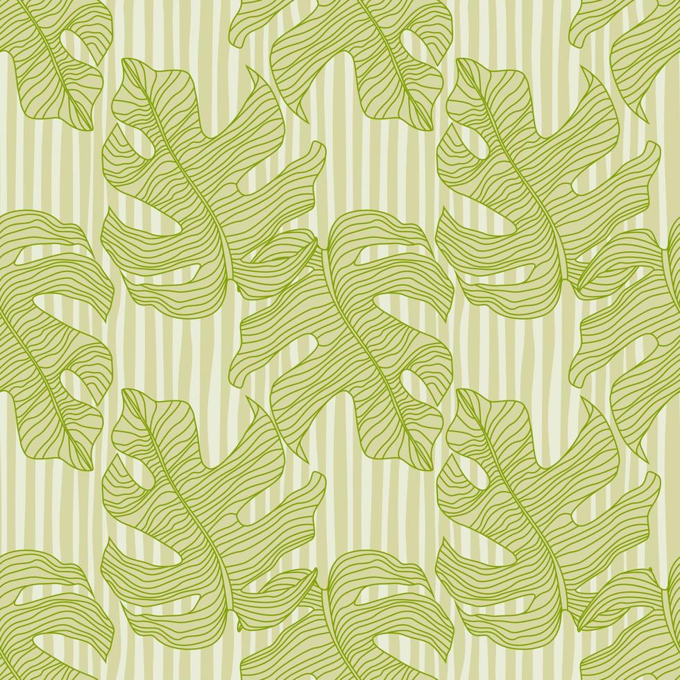 Simple monstera stylized print seamless pattern. Exotic palm foliage print with green outline ornament and grey striped background. vector