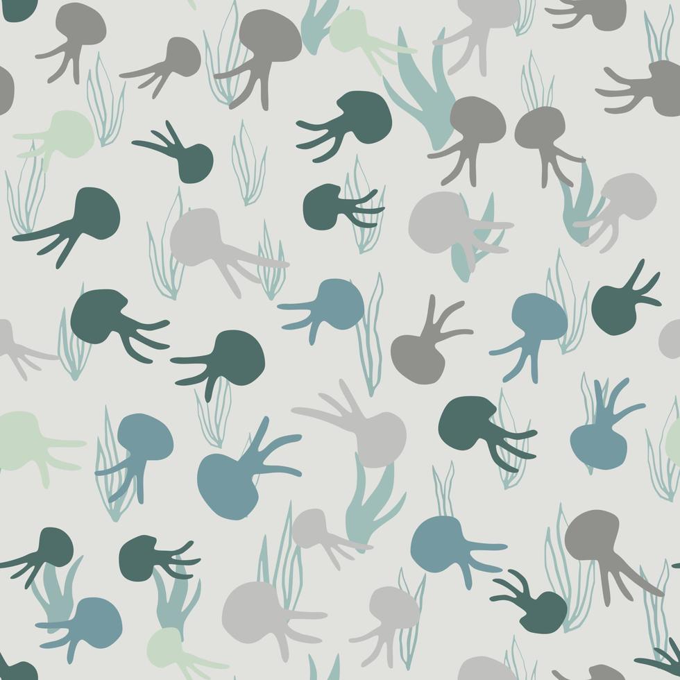 Octopus silhouttes simple seamless pattern. Multicolor pastel blue and beige tones ornament on light background. vector