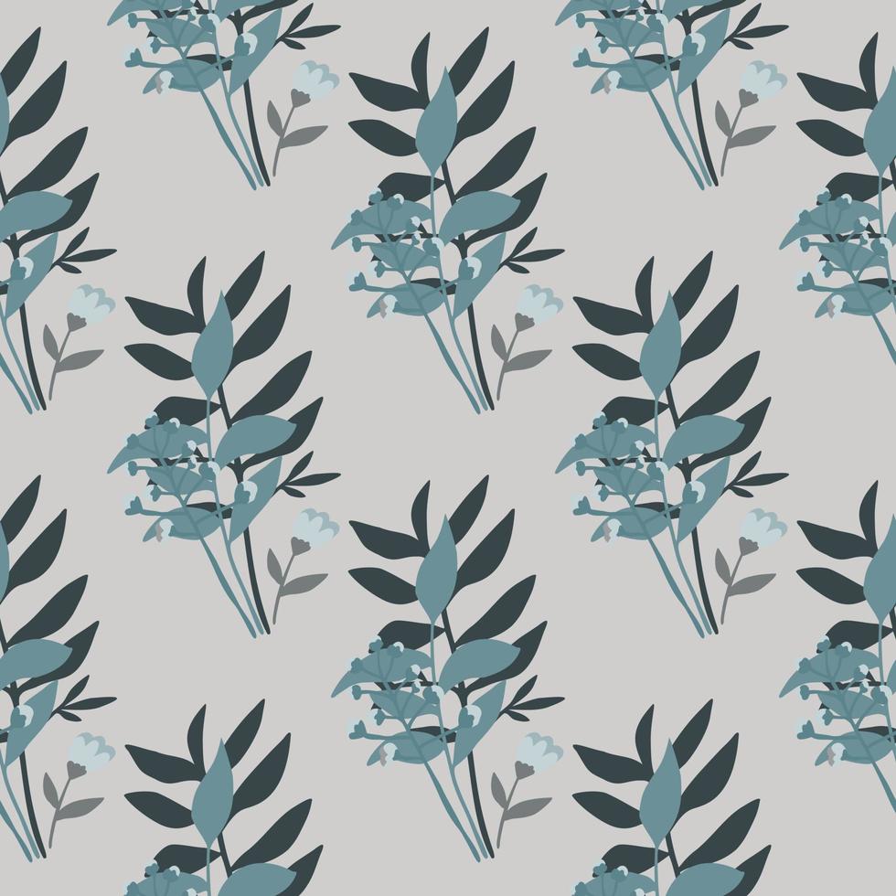 Forest bouquet seamless doodle pattern. Grey background with dark and blue floral ornament. vector