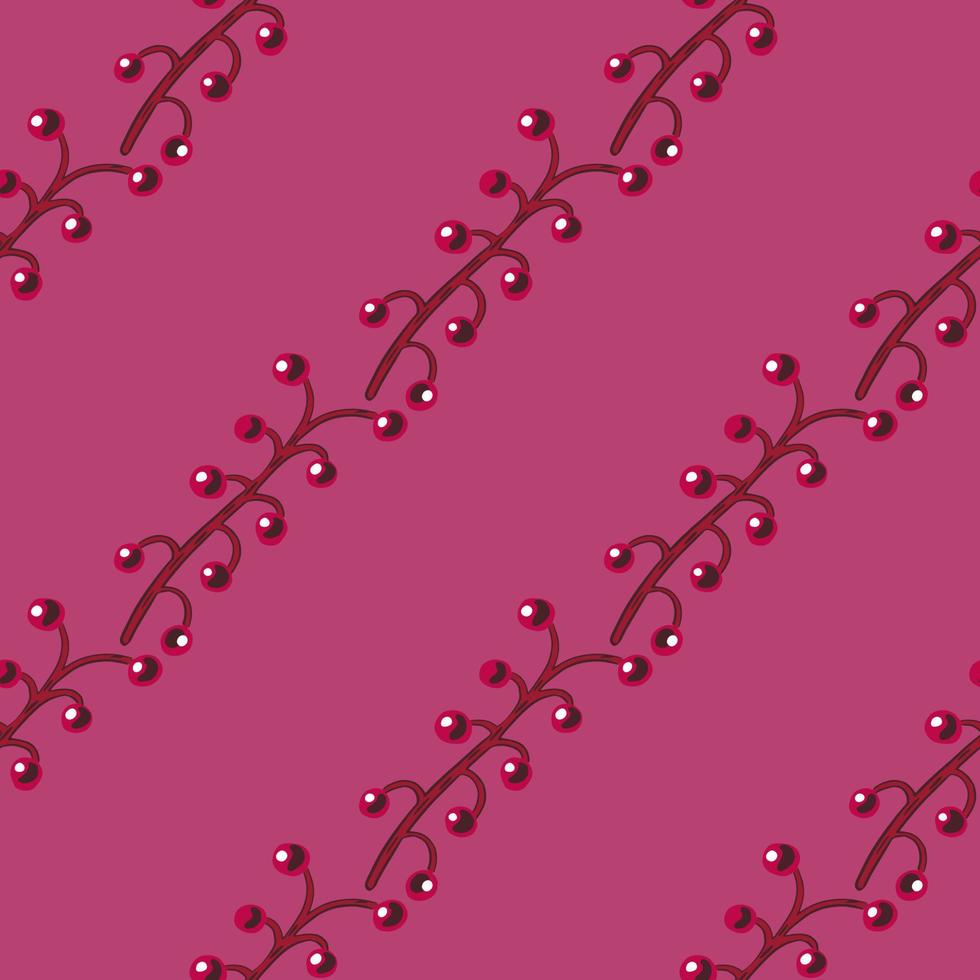 Minimalistic style seamless pattern with diagonal berry branches ornament. Pink background. Simple design. vector