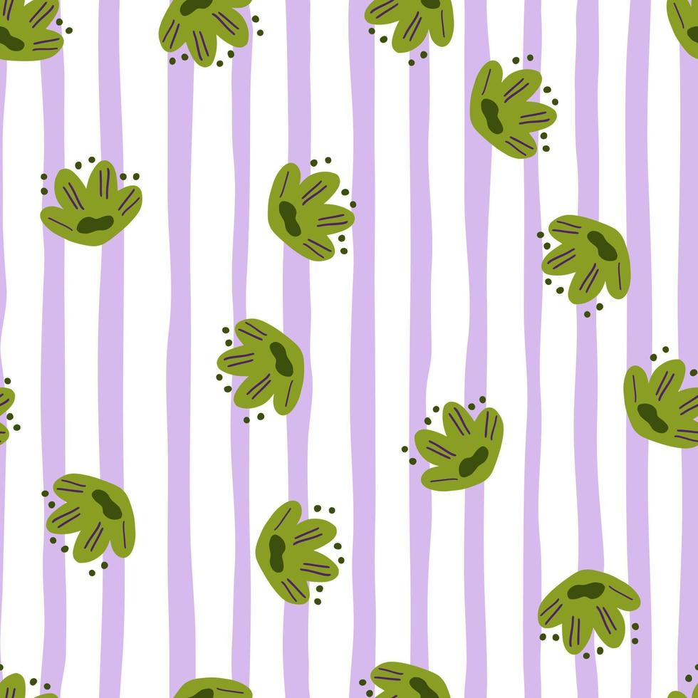 Bloom scrapbook seamless pattern with random green doodle flowers print. Purple and white striped background. vector