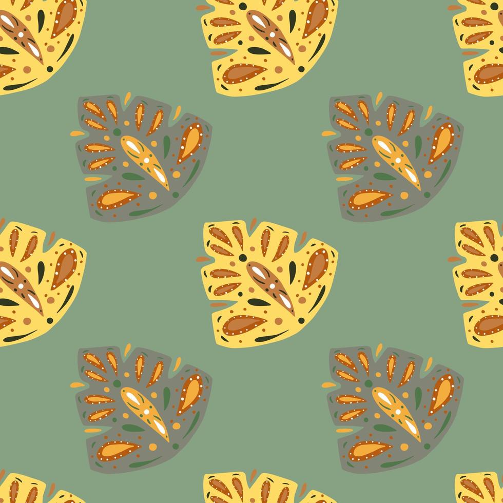 Yellow and grey creative folk monstera elements seamless pattern in doodle style. Turquoise background. vector