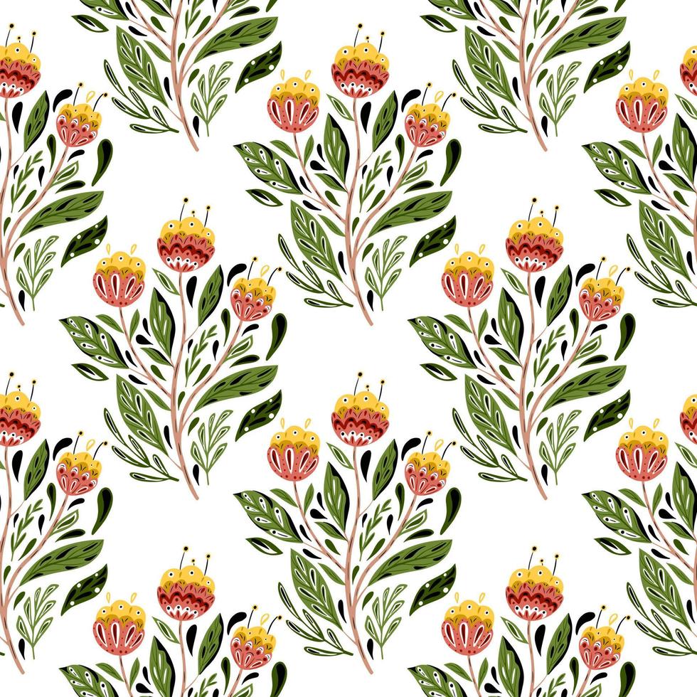 Isolated botanic nature seamless pattern with green leaves and orange flowers ethnic bouquet. White background. vector