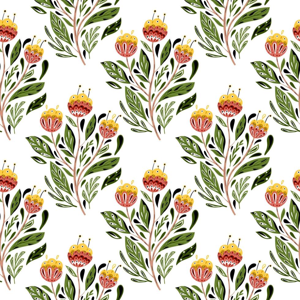 Isolated botanic nature seamless pattern with green leaves and orange flowers ethnic bouquet. White background. vector