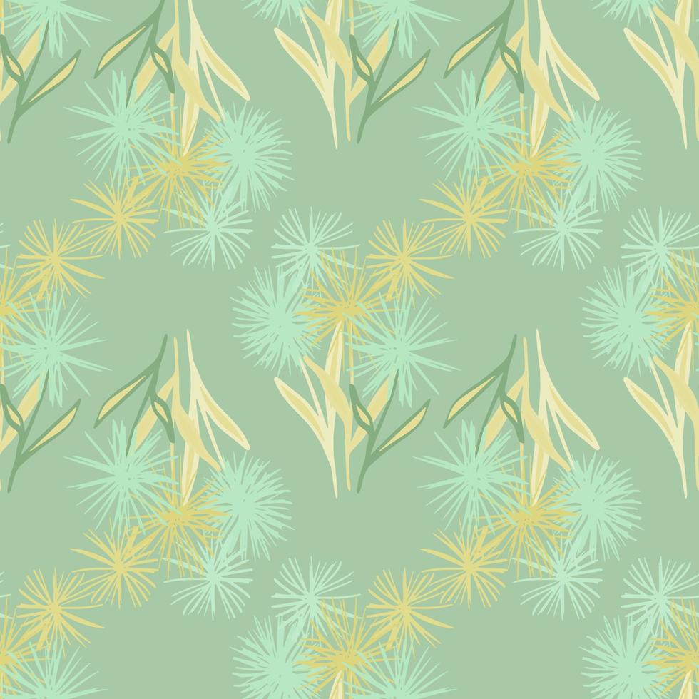 Light seamless botanic pattern with dandelion silhouettes. Floral elements in yellow and aquamarine colors, soft blue background. vector