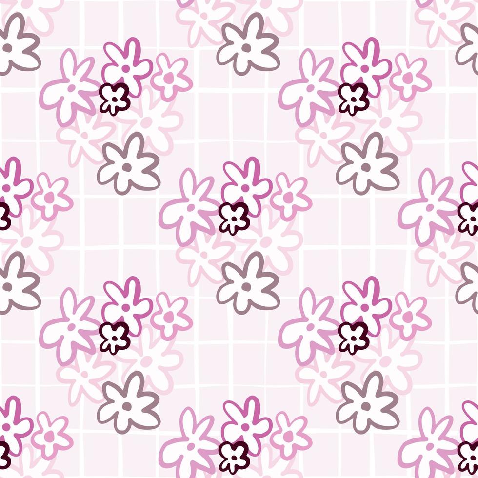 Chamomile figures seamless patern. Pastel pink background with check and multicolor botanic silhouettes. vector
