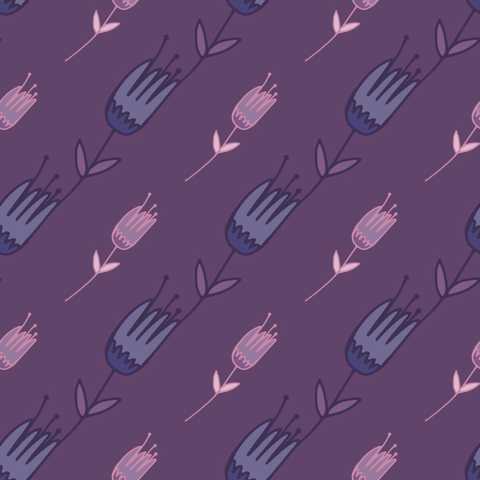 Doodle de patrones sin fisuras con siluetas de tulipán floral violeta y azul de contorno. fondo morado vector