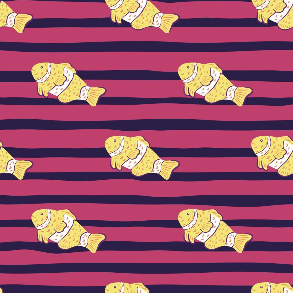 Underwater animal seamless pattern with yellow doodle clown fish print. Pink and purple striped background. vector