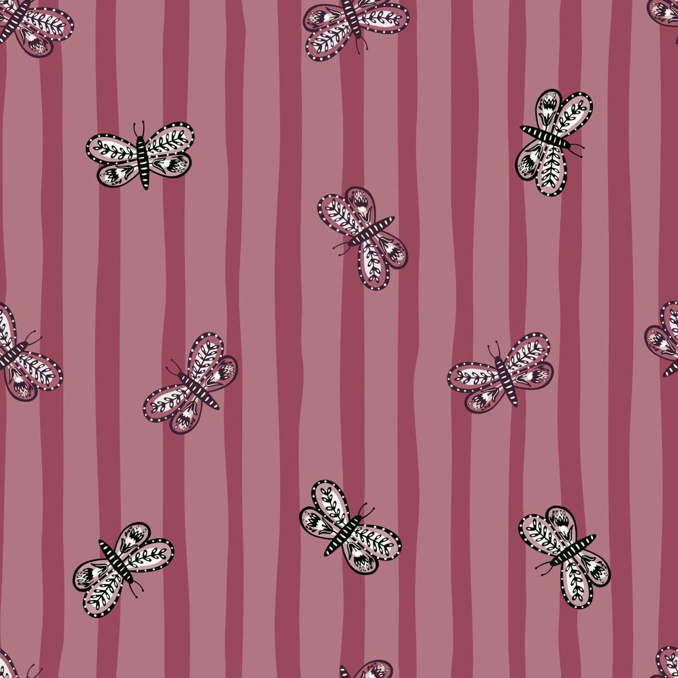 Doodle hand drawn seamless pattern with random botanical butterfly shapes print. Striped background. vector