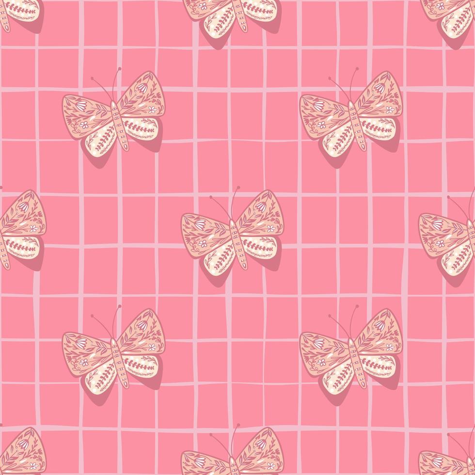 Insect seamless pattern with folk butterfly decorative ornament. Pink chequered background. vector