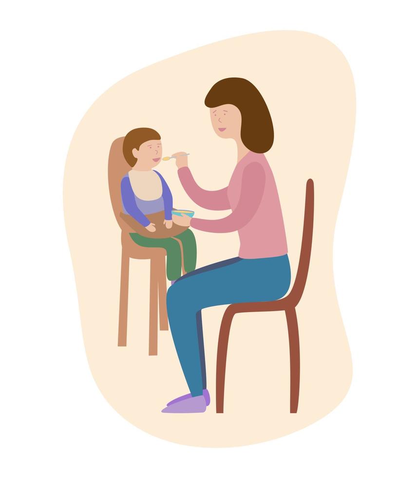 Mother feeding baby boy with spoon. vector Illustration