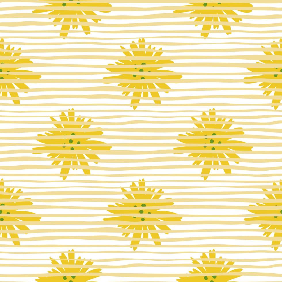Yellow daisy pattern in doodle style on stripes background. Chamomile flowers seamless pattern. vector
