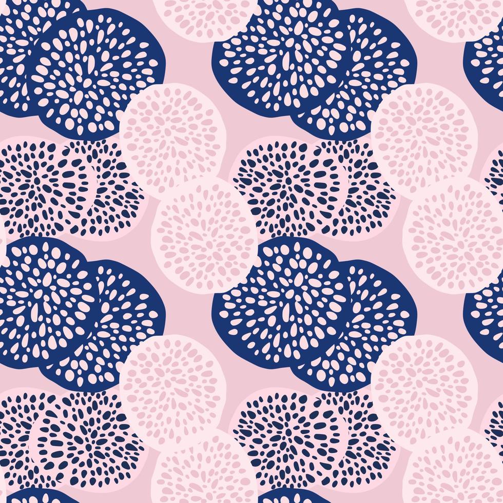 Bright pastel dot circles seamless pattern. Light pink background with white and navy blue figures. vector