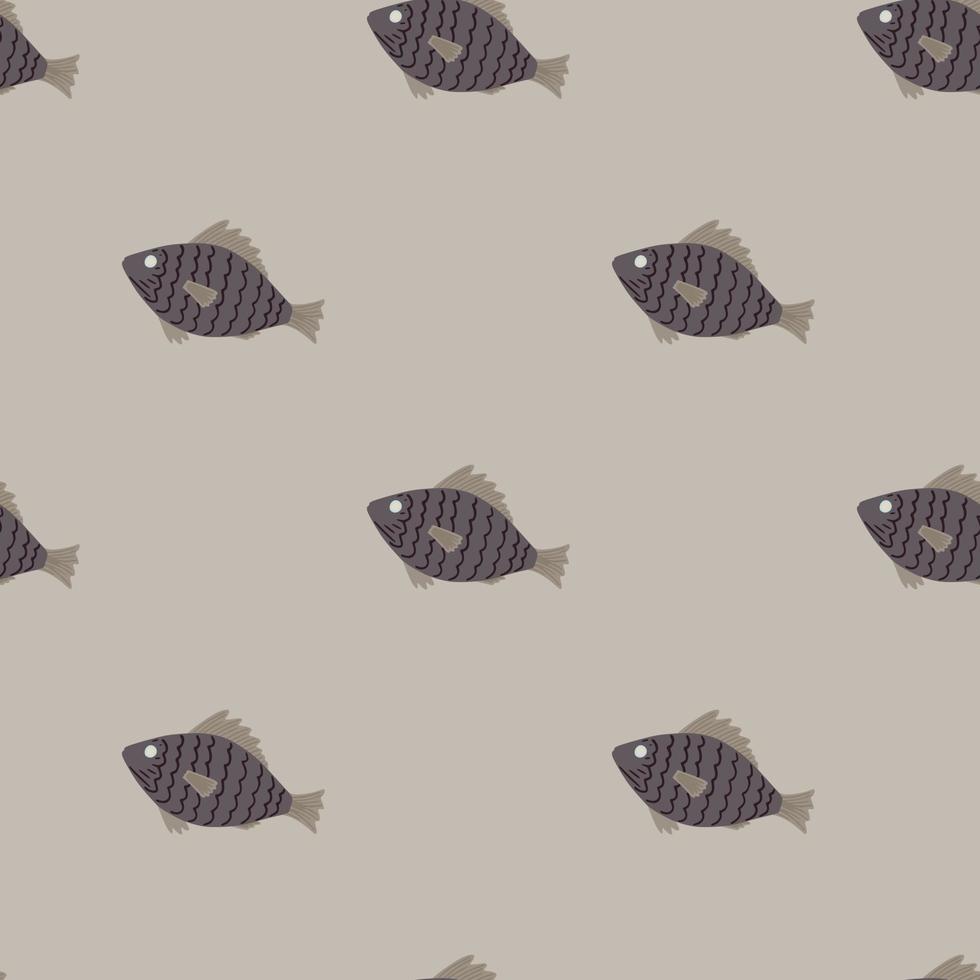 patrón sin costuras de plancton con adorno de siluetas de peces pequeños. fondo gris claro y formas de animales marrones. vector