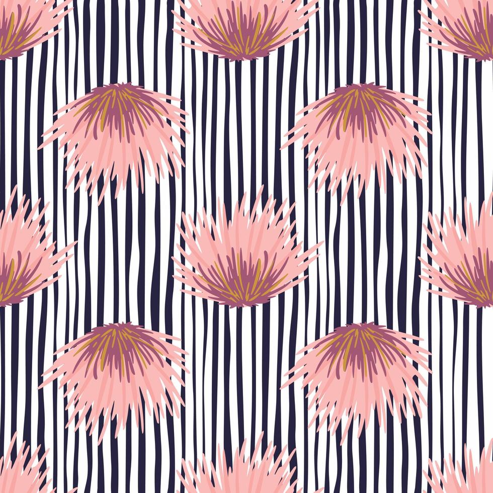 Pink colored bush simple silhouettes seamless pattern. Monochrome stripped backround with white and black lines. Floral print. vector