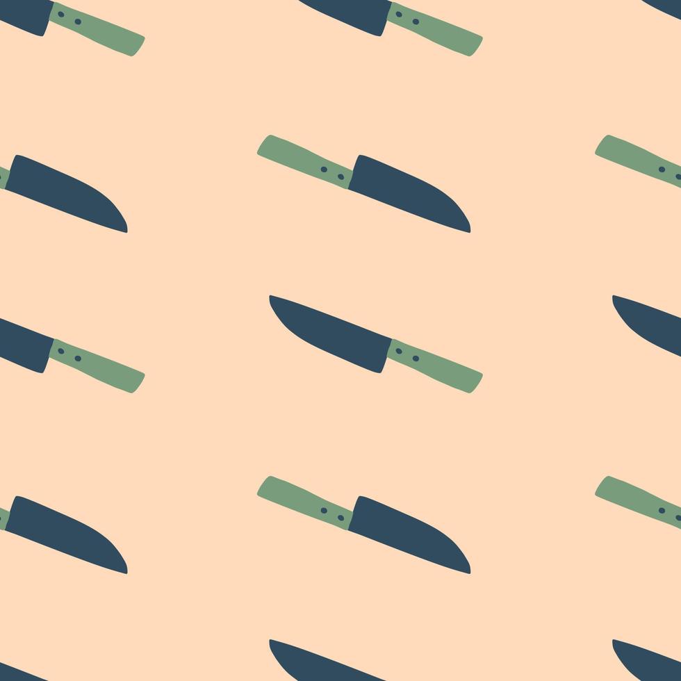 Simple knife doodle silhouettes seamless pattern. Green and navy blue colored print on light pink backdrop. vector