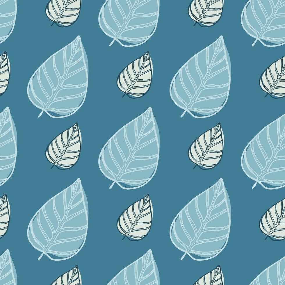 Seamless pattern with doodle leafs silhouettes. Simple botanic outline artwork in blue pastel palette. vector
