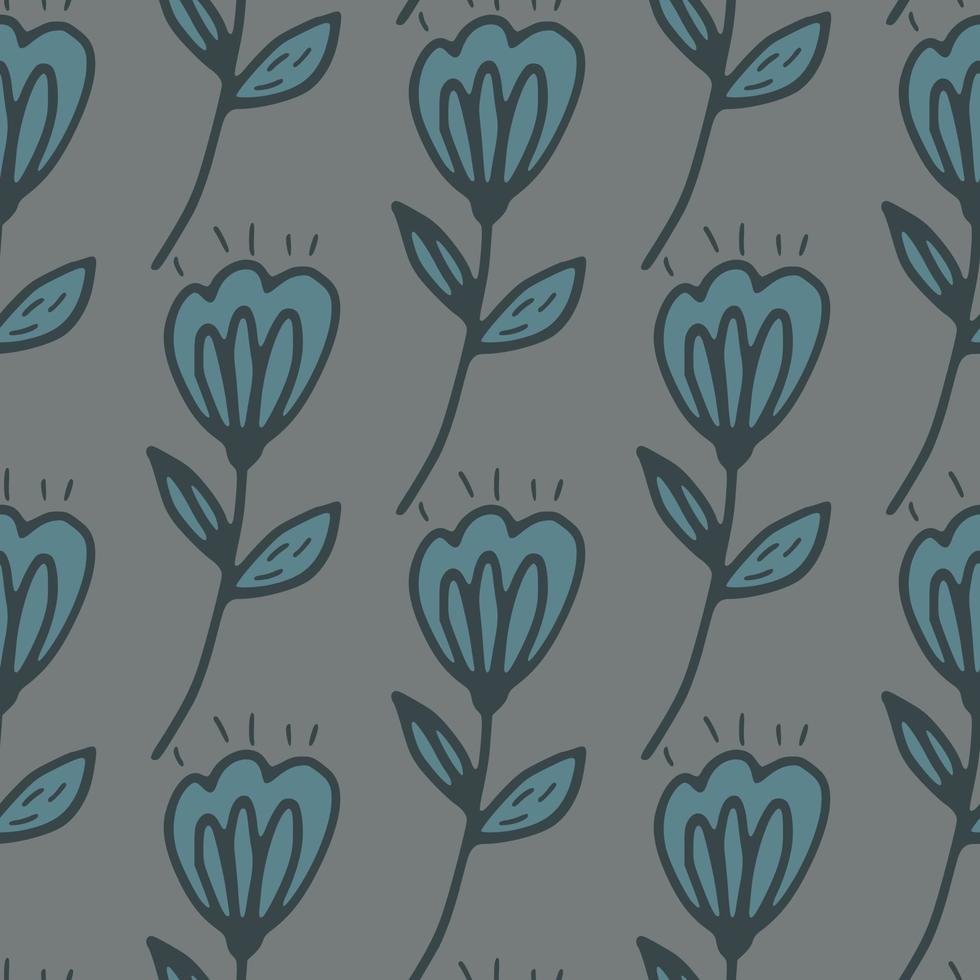 folk flores azules de patrones sin fisuras con fondo gris. vector