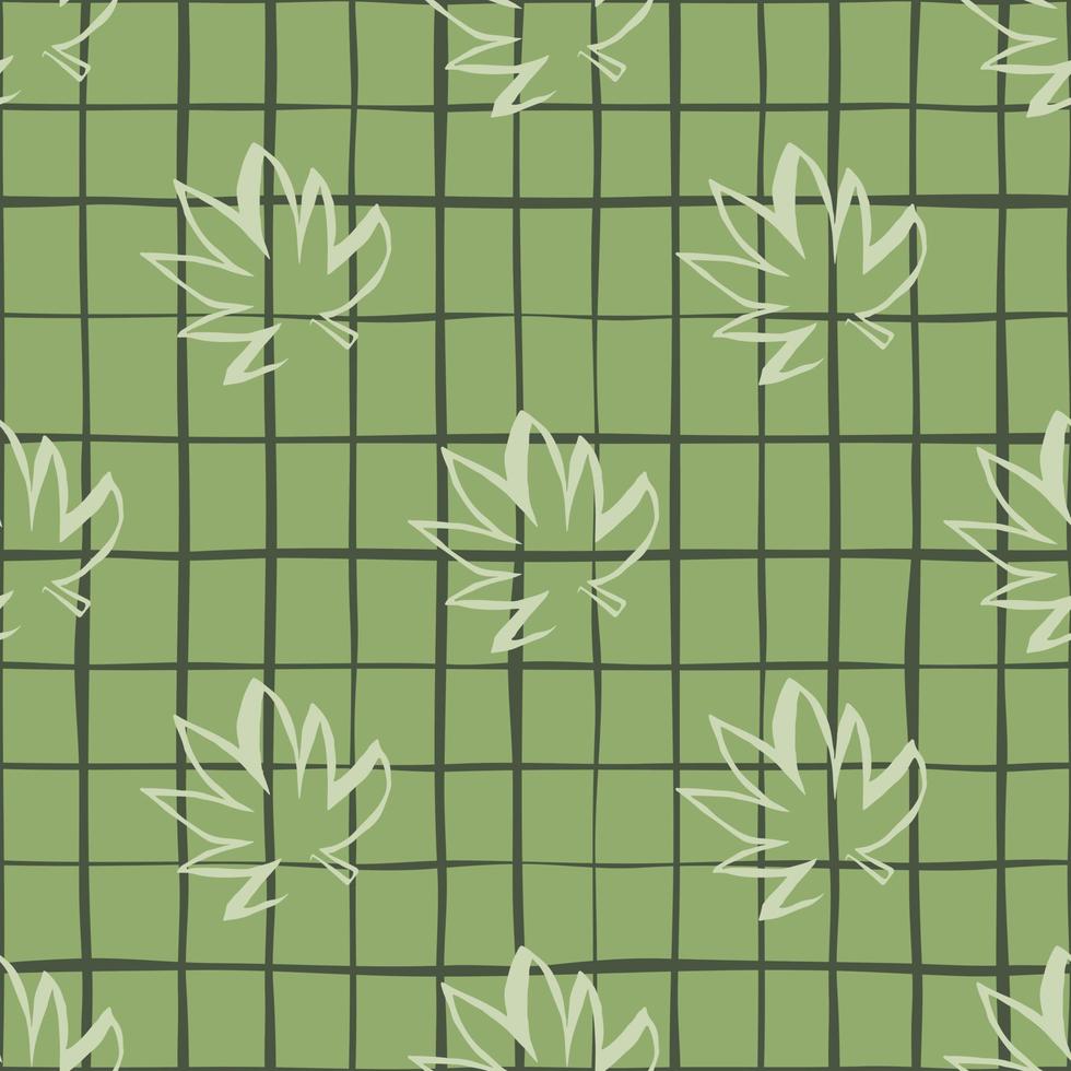 Seamless pattern with white outline cannabis leaves on green chequered background. vector