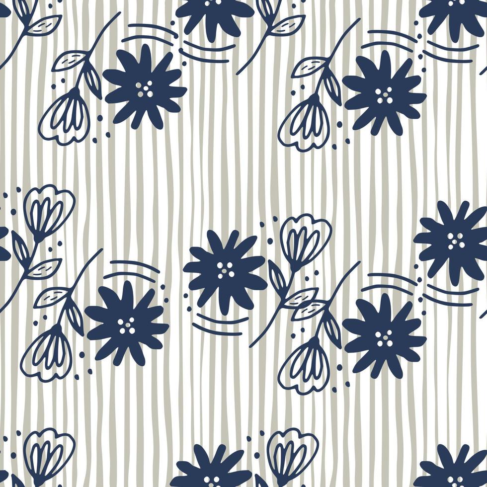 Abstract flower seamless pattern in line art style on stripes background. Doodle floral wallpaper. vector