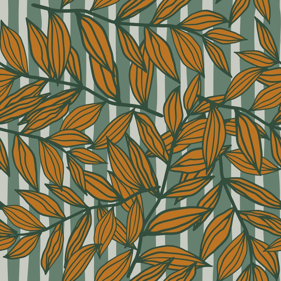 Leaves outline shapes autumn random seamless pattern. Blue stripped background with orange foliage elements. vector