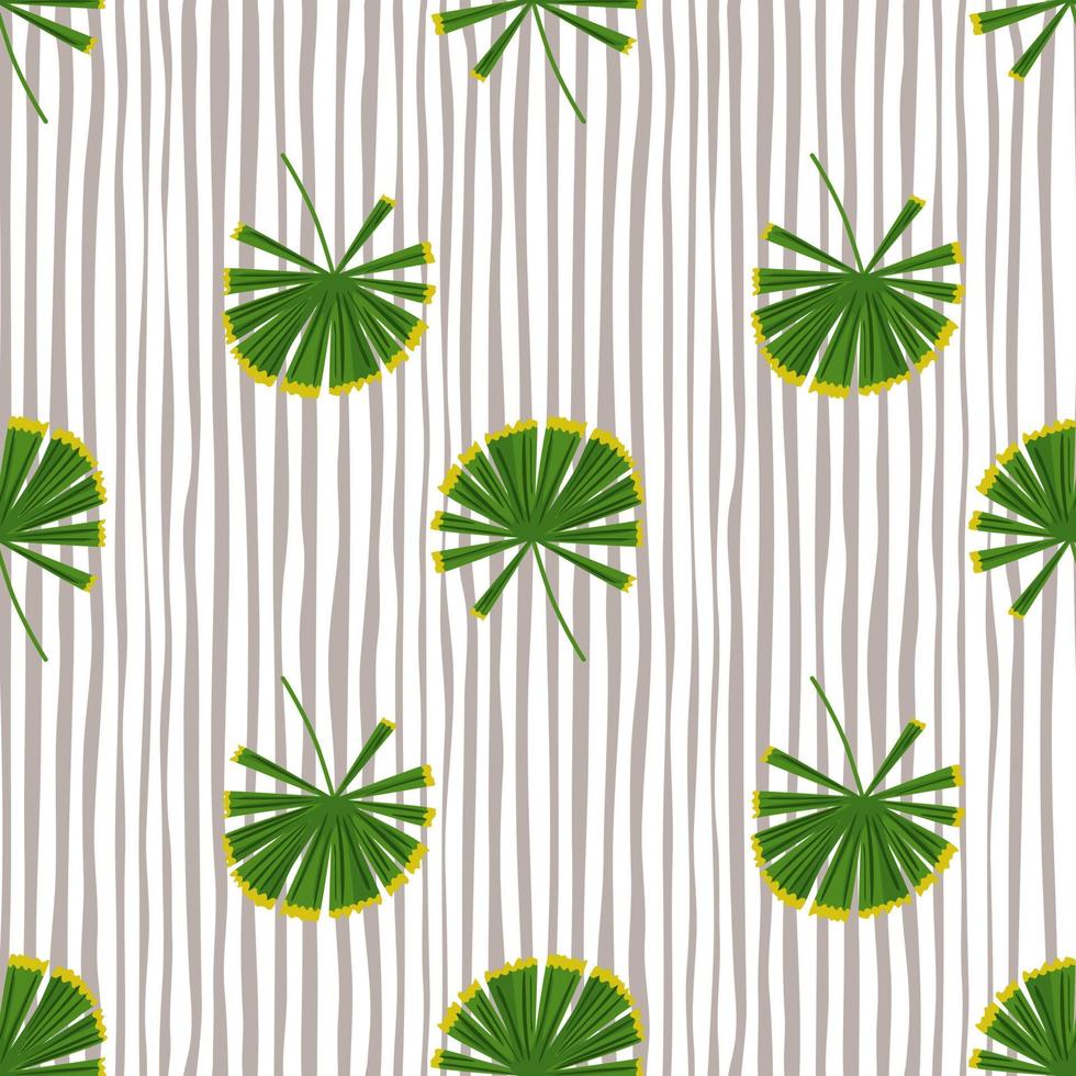 Seamless pattern with doodle green palm licuala shapes. Grey striped background. Tropic foliage print. vector