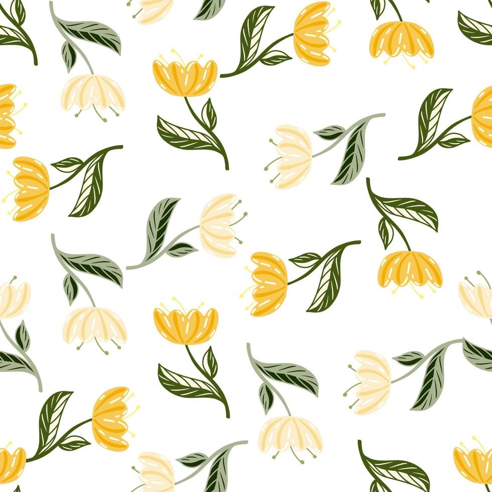 Summer nature seamless pattern with yellow poppy flowers elements. White background. Isolated floral print. vector