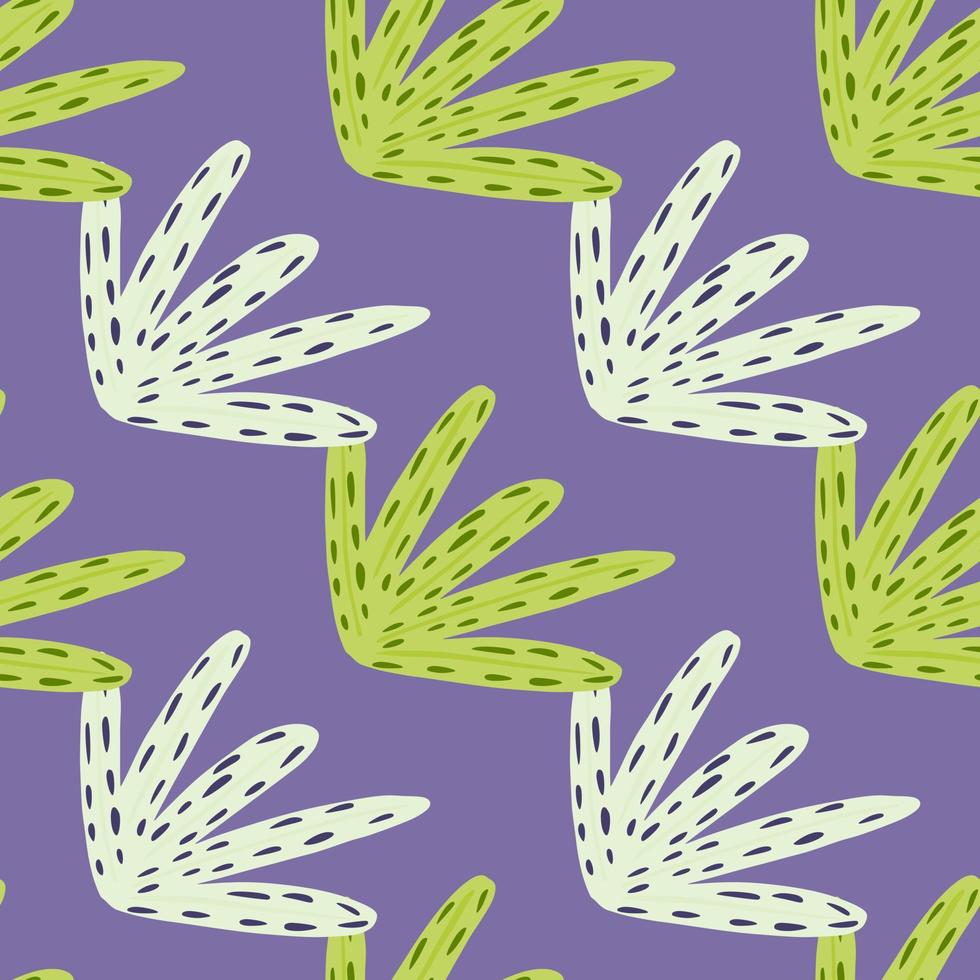Bright abstract seamless pattern with grey and green colored foliage ornament. Purple background. vector
