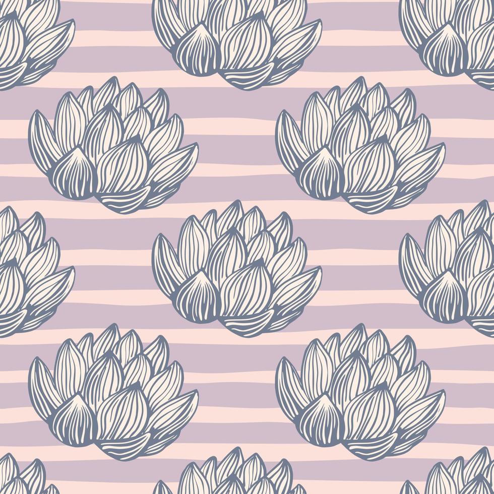 Contoured doodle lotus flower elements seamless pattern in simple style. Striped pink background. vector