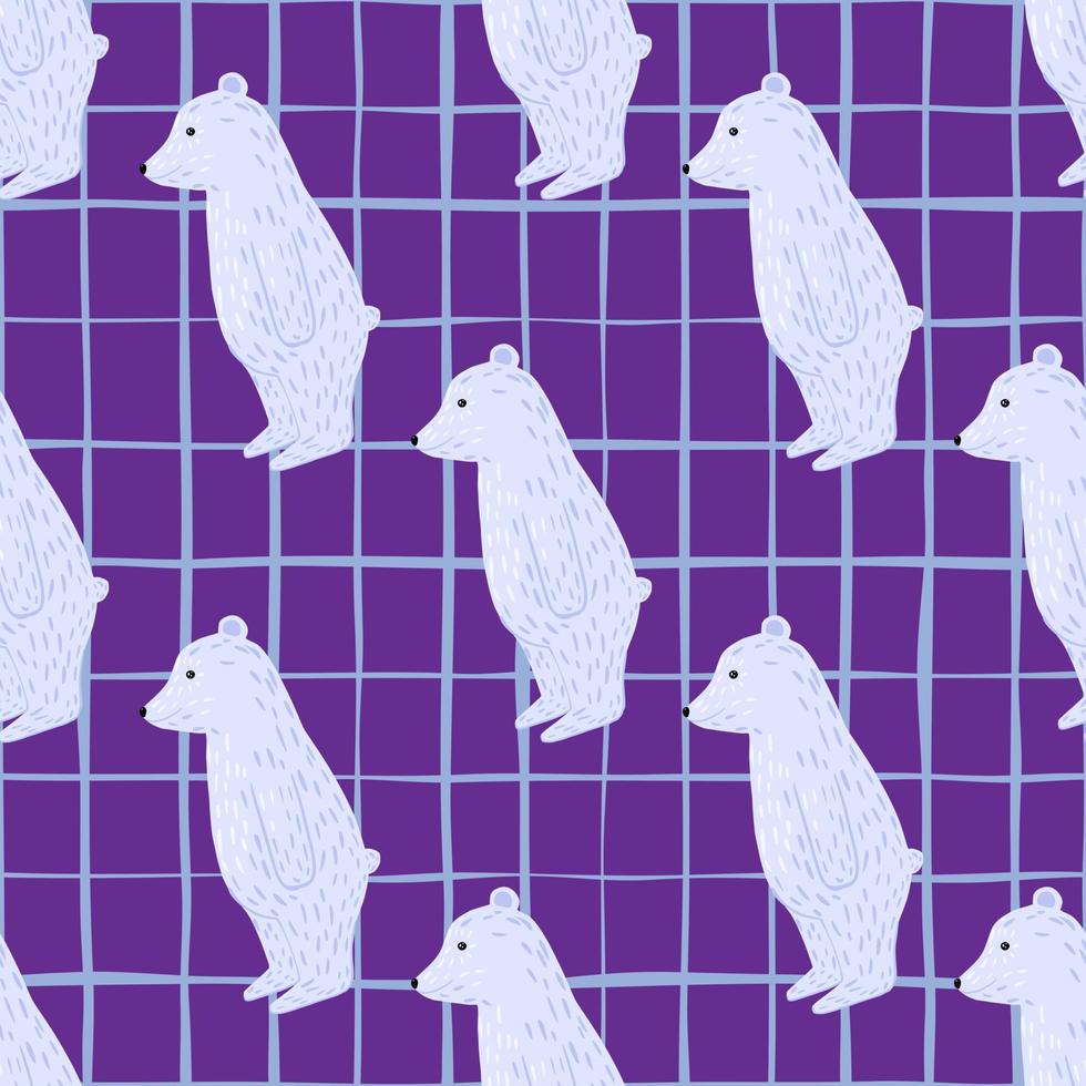 Briht nordic zoo seamles spattern with decorative polar bear silhouettes print. Purple chequered background. vector