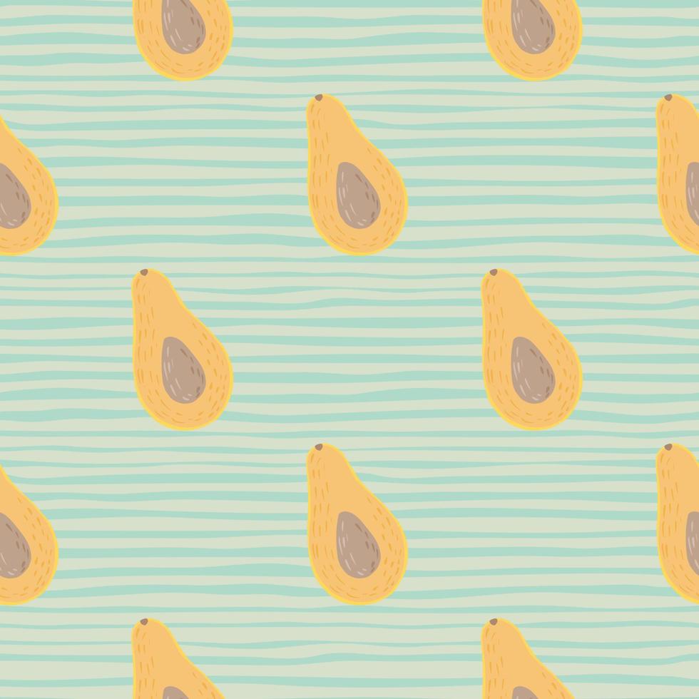 Simple orange avocados half shapes seamless pattern. Light blue stripped background. Natural vegan food backdrop. vector