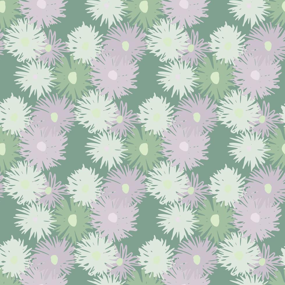 patrón de primavera sin costuras con siluetas de crisantemo. fondo pálido y suaves flores moradas y verdes. vector