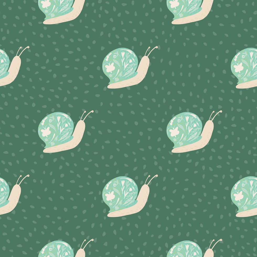 Blue and beige colored snails elements seamless pattern. Green dotted background. Childish animal backdrop. vector