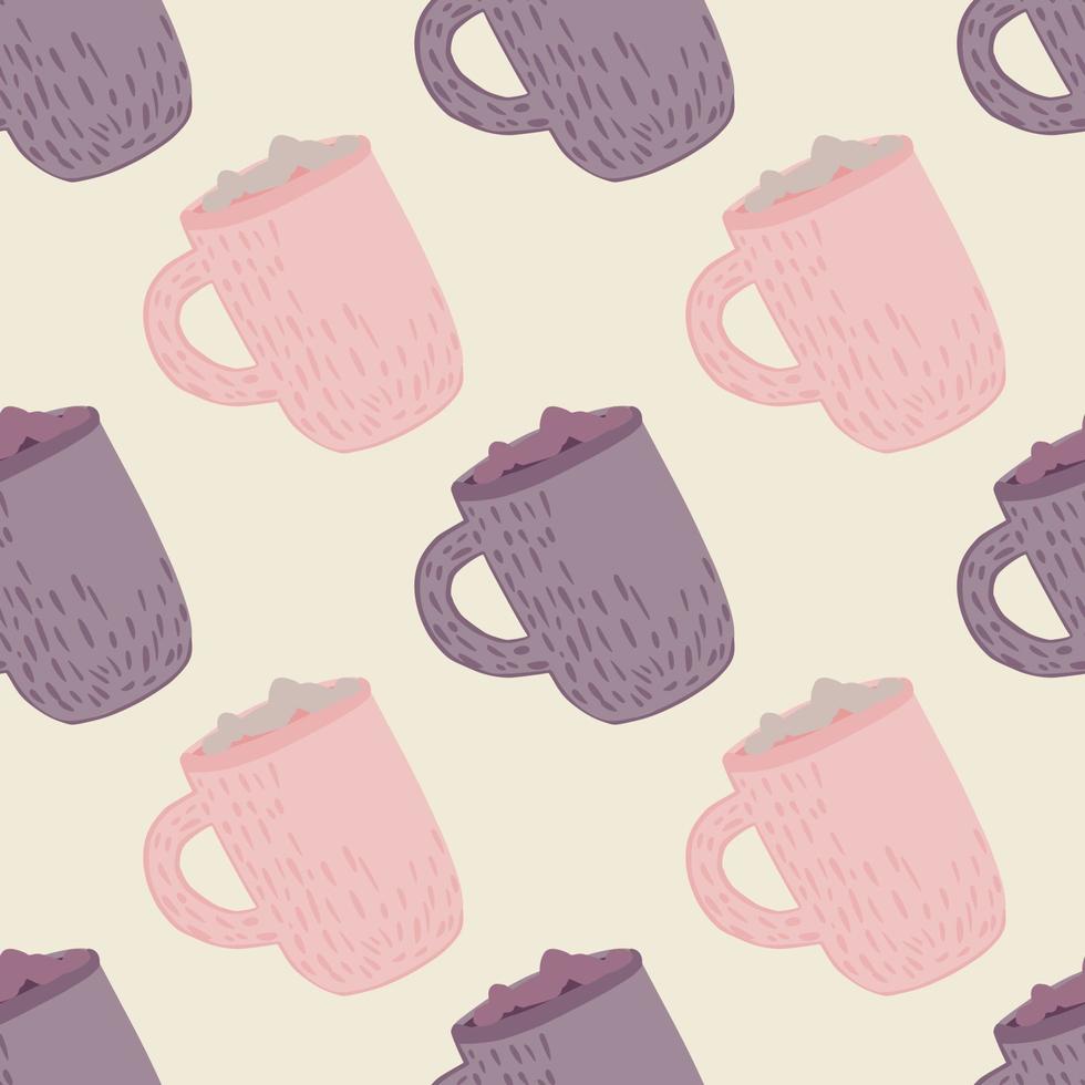 Pastel tones winter seamless pattern with holiday drink print. Purple and pink hot chocolate cups artwork. vector