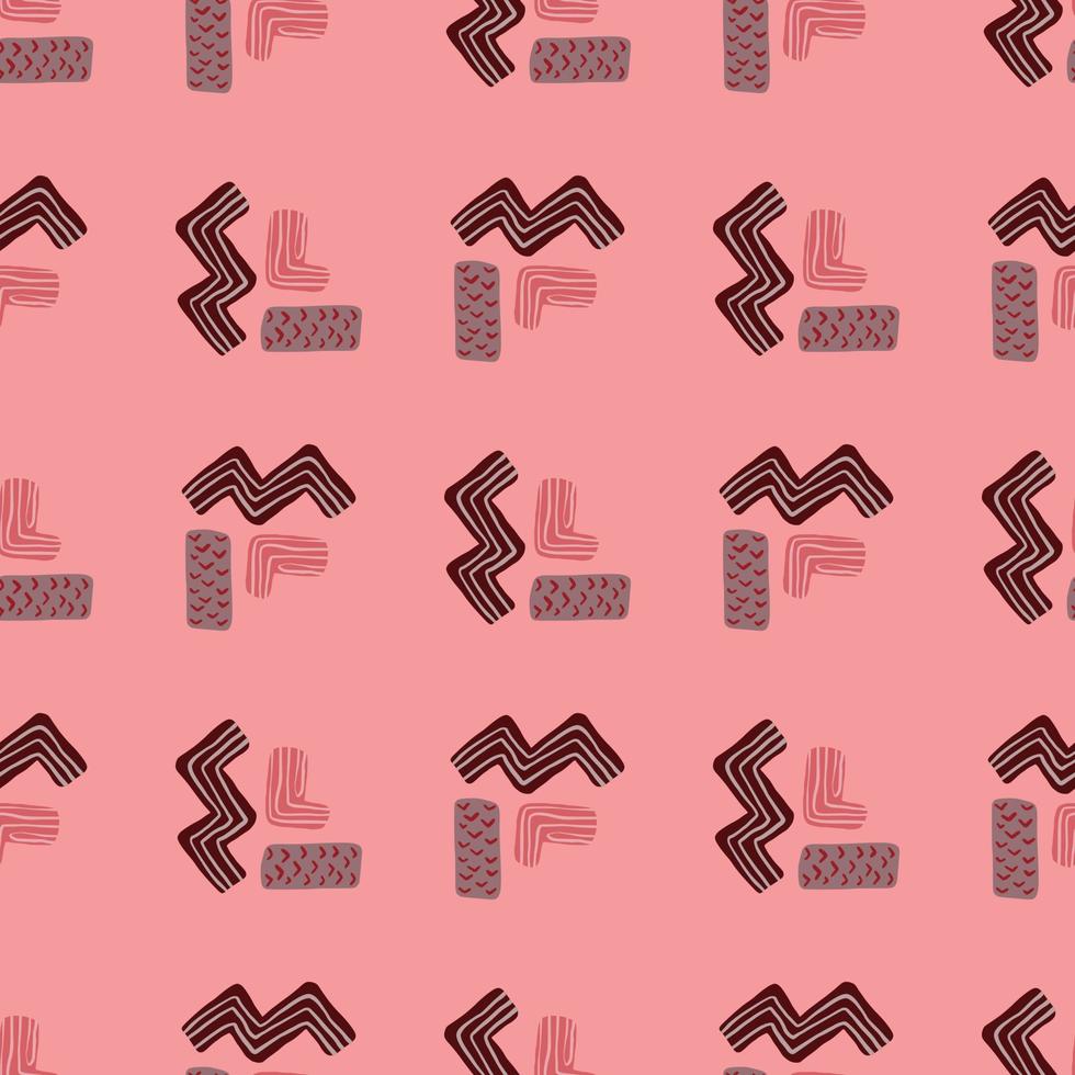 Bright geometris pattern with zigzag elements and rectangles. Pink background with maroon and purple shapes. vector