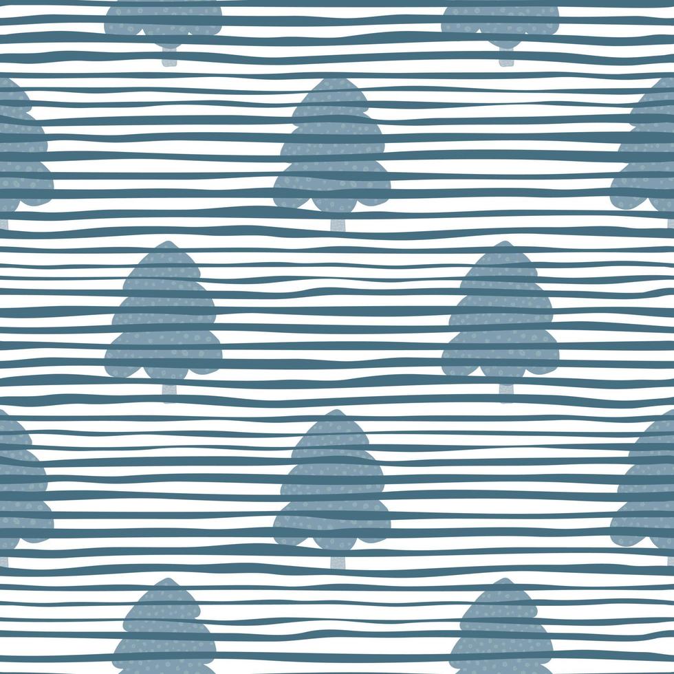 Pine tree forest seamless pattern on stripes background. Christmas tree wallpaper. New year ornament vector