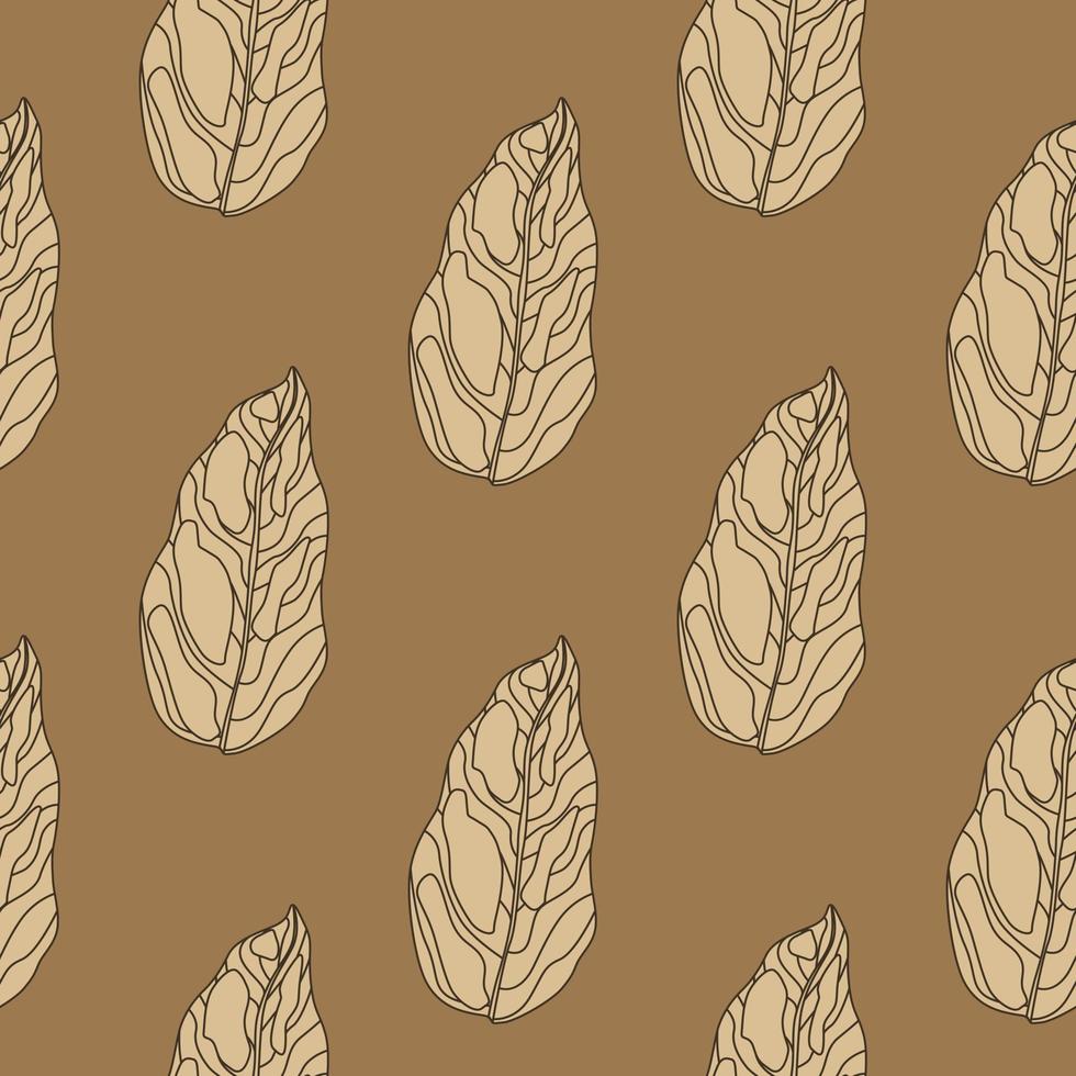 Autumn floral seamless garden pattern with beige light outline leaf elements. Brown background. Botanic fall print. vector