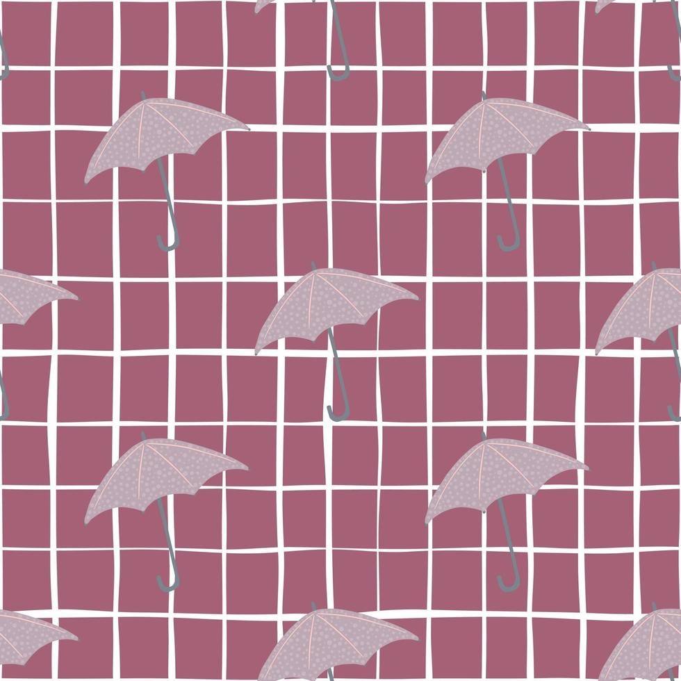 Seamless pattern with doodle umbrella ornament. Weather print with dark pink chequered background. vector