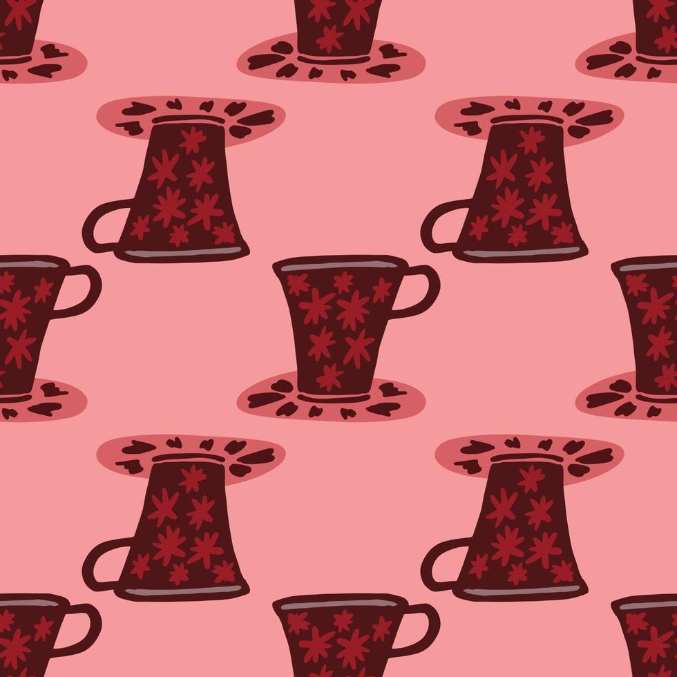 Red and maroon color cup silhouettes seamless pattern. Ktchen doodle elements on pink background. vector