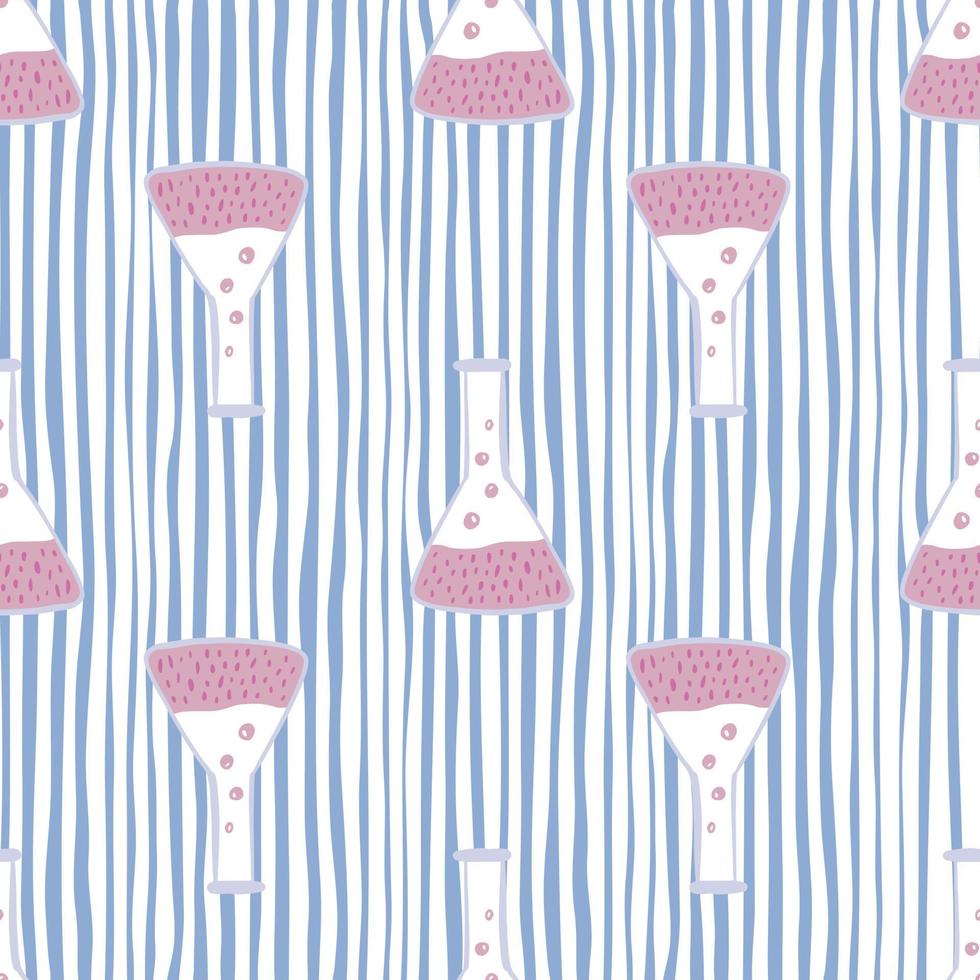 Pink and white colored cartoon chemical flask elements. Seamless pattern with blue striped background. vector