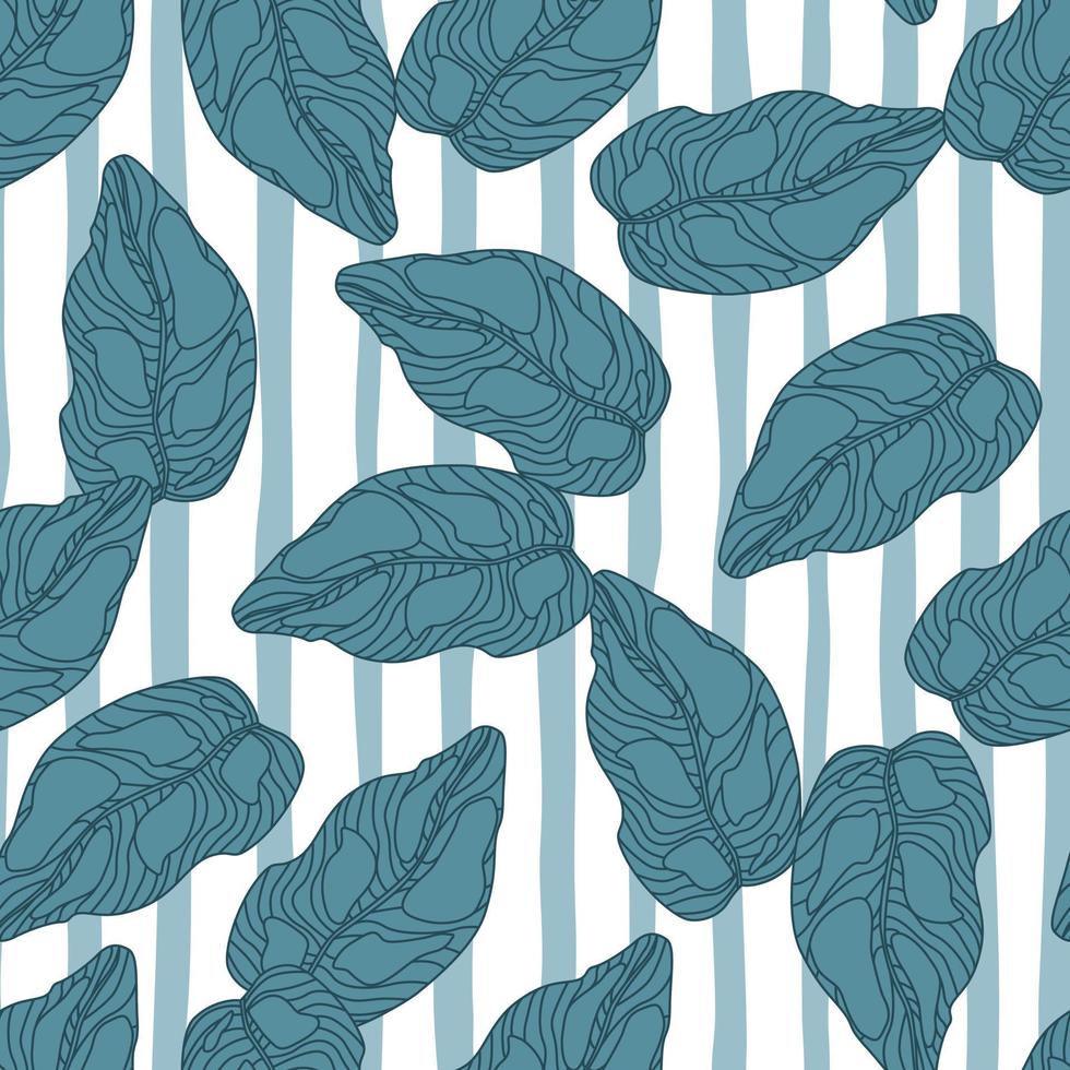 Random seamless pattern with botanic outline blue leaves silhouettes. Striped background. vector