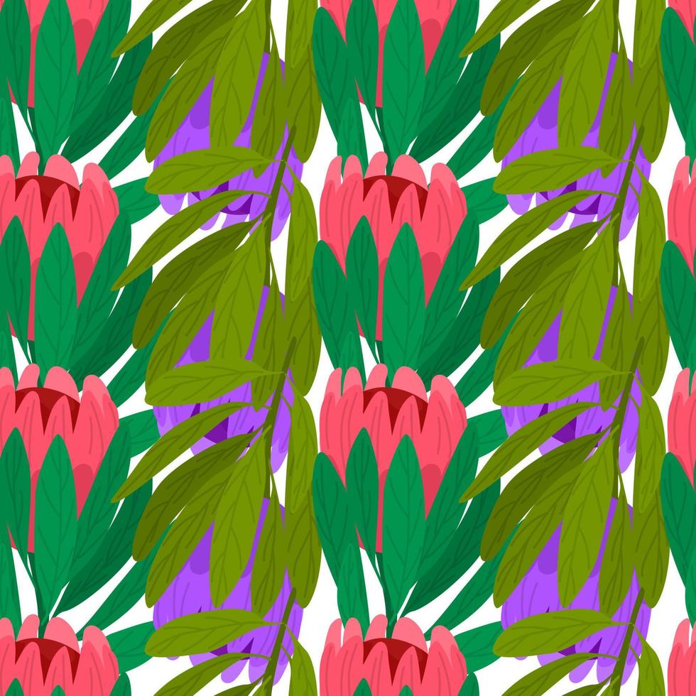 Scrapbook nature seamless pattern with hand drawn pink and purple protea flowers shapes. Isolated backdrop. vector