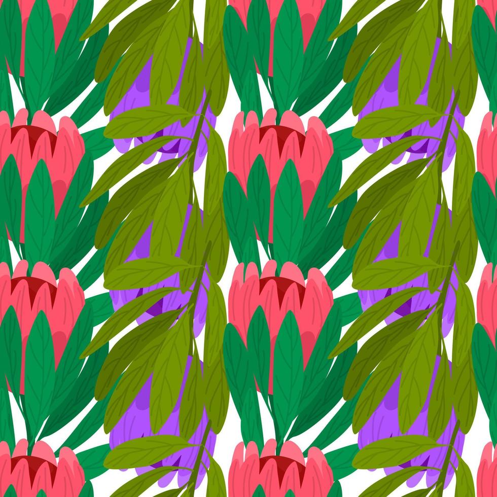 patrón sin costuras de la naturaleza del libro de recuerdos con formas de flores de protea rosa y púrpura dibujadas a mano. telón de fondo aislado. vector